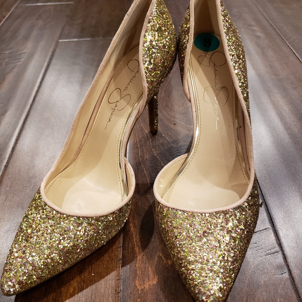 Jessica Simpson Gold Glitter Heels Sz 8